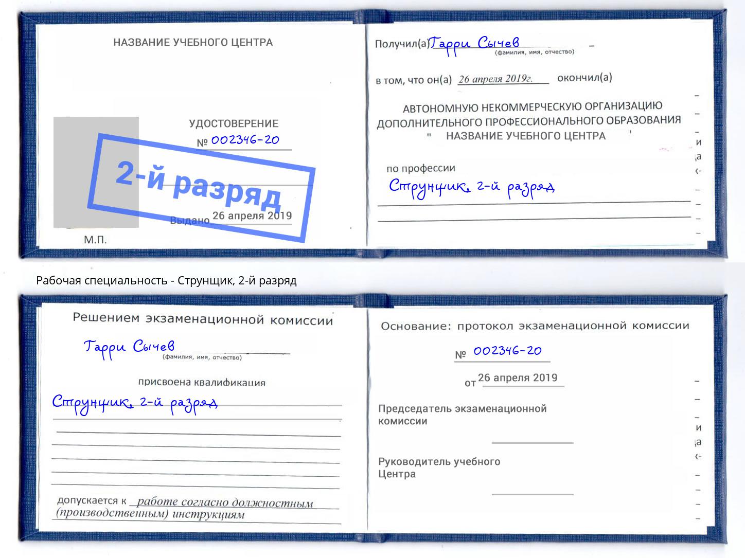 корочка 2-й разряд Струнщик Орел
