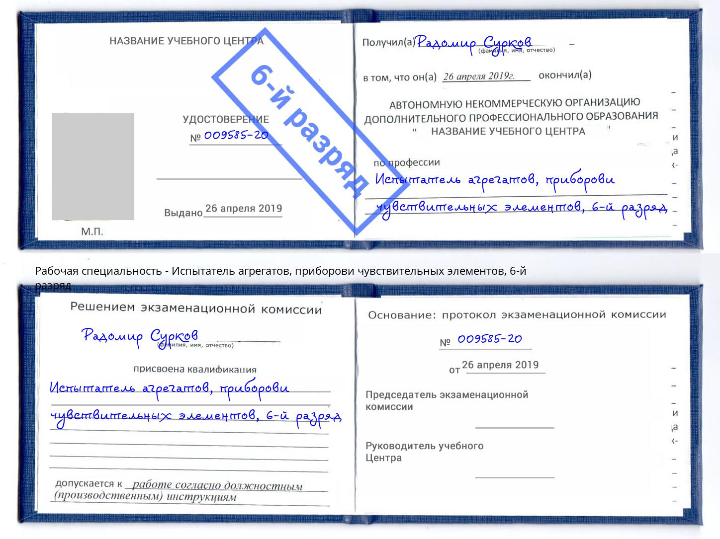 корочка 6-й разряд Испытатель агрегатов, приборови чувствительных элементов Орел
