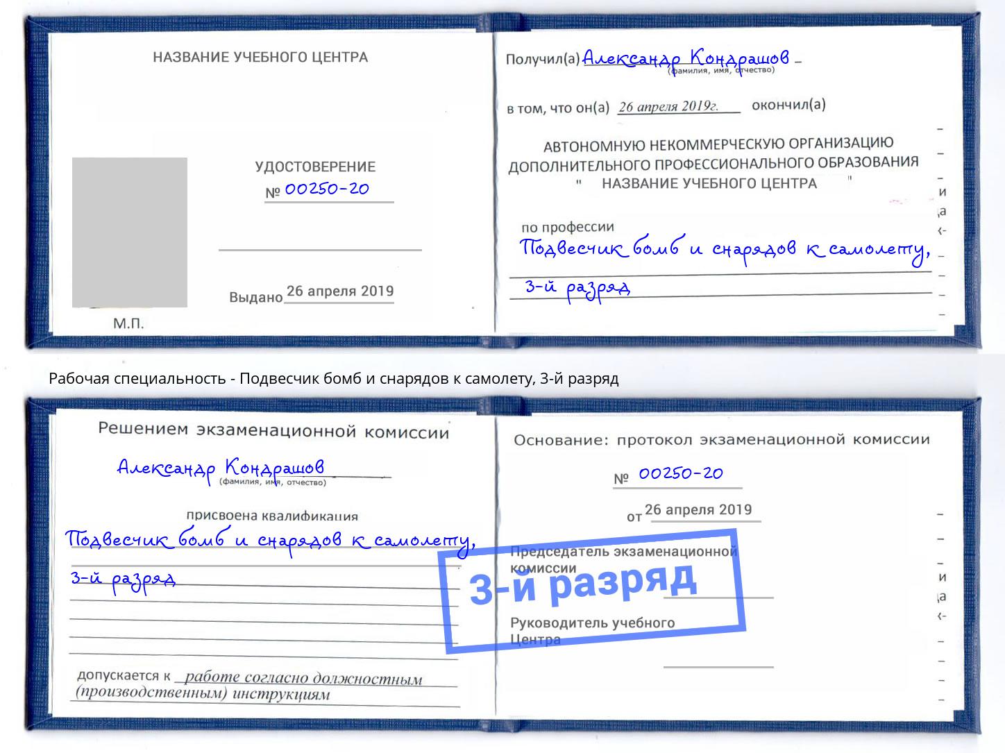корочка 3-й разряд Подвесчик бомб и снарядов к самолету Орел