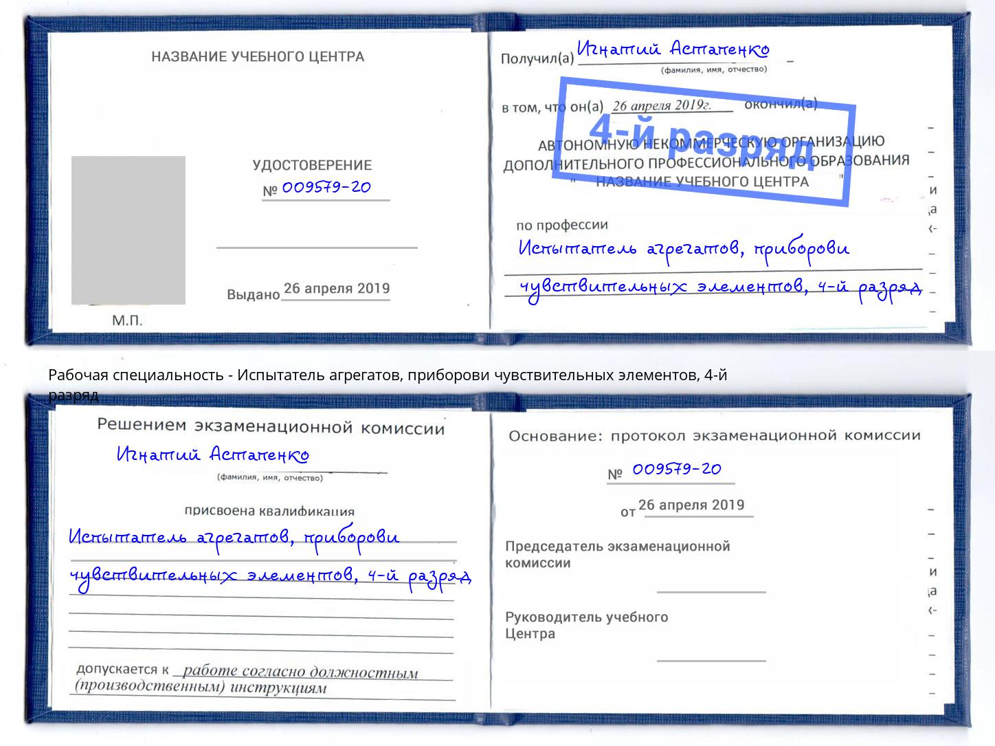 корочка 4-й разряд Испытатель агрегатов, приборови чувствительных элементов Орел