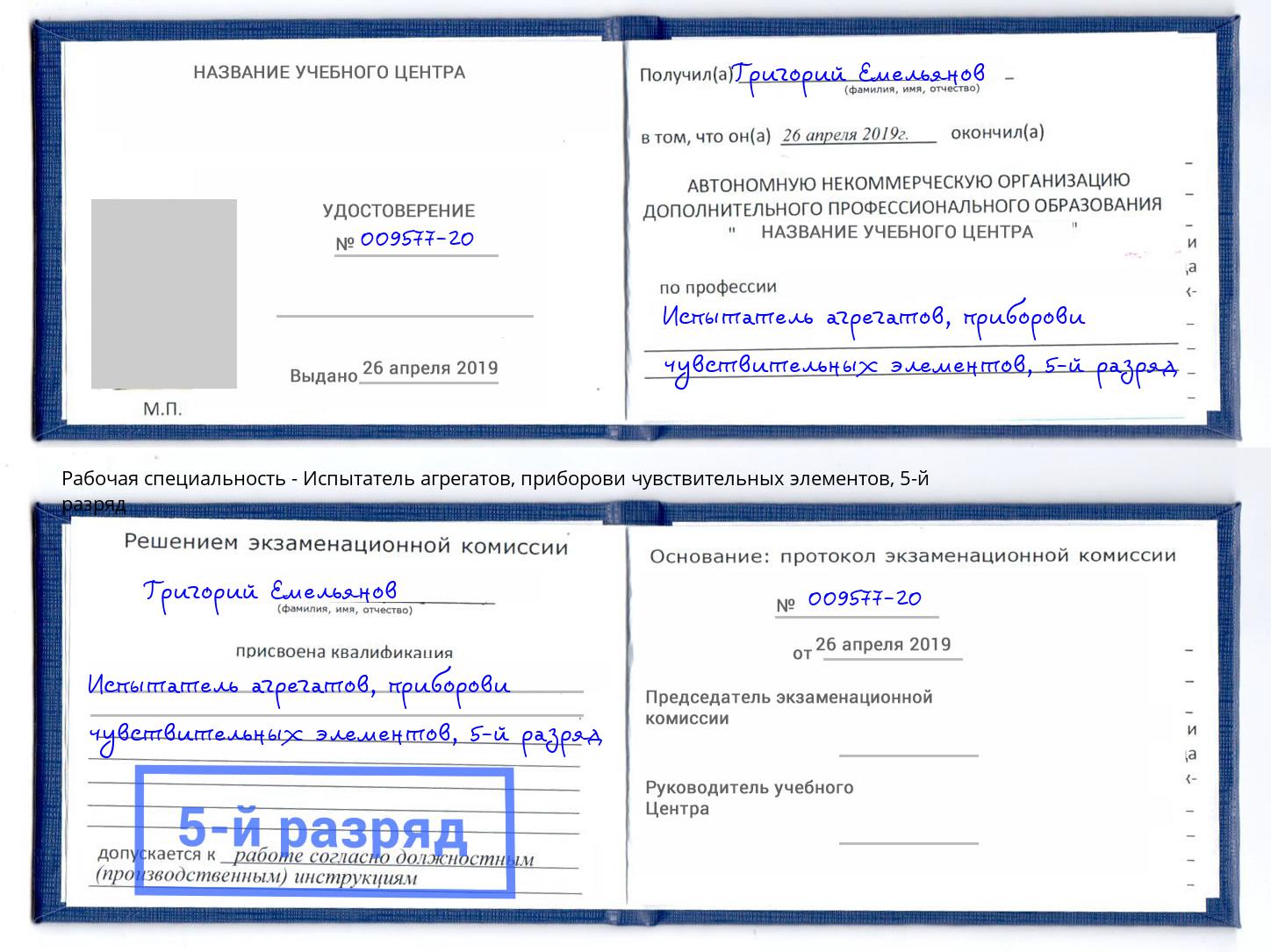 корочка 5-й разряд Испытатель агрегатов, приборови чувствительных элементов Орел