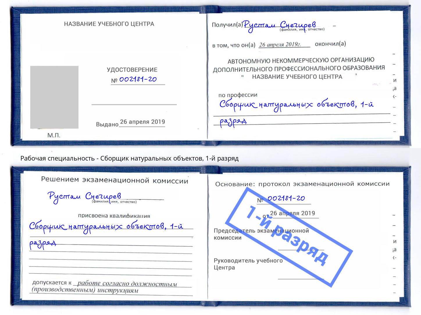 корочка 1-й разряд Сборщик натуральных объектов Орел