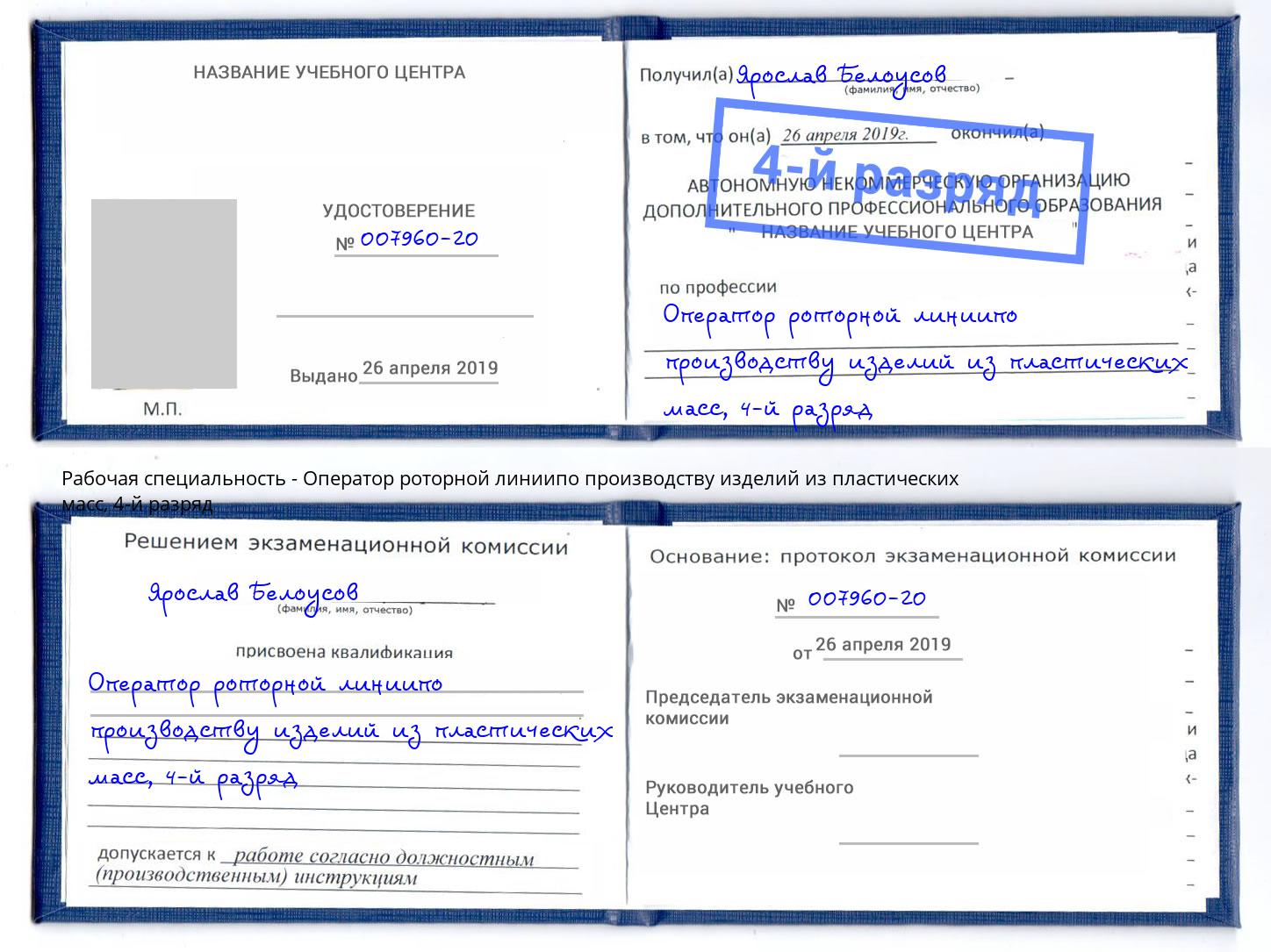 корочка 4-й разряд Оператор роторной линиипо производству изделий из пластических масс Орел