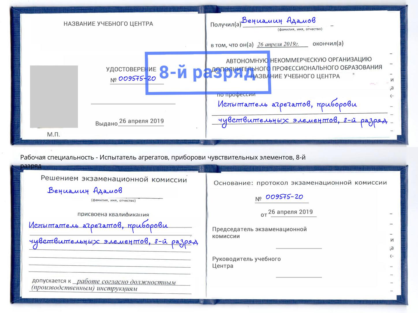 корочка 8-й разряд Испытатель агрегатов, приборови чувствительных элементов Орел